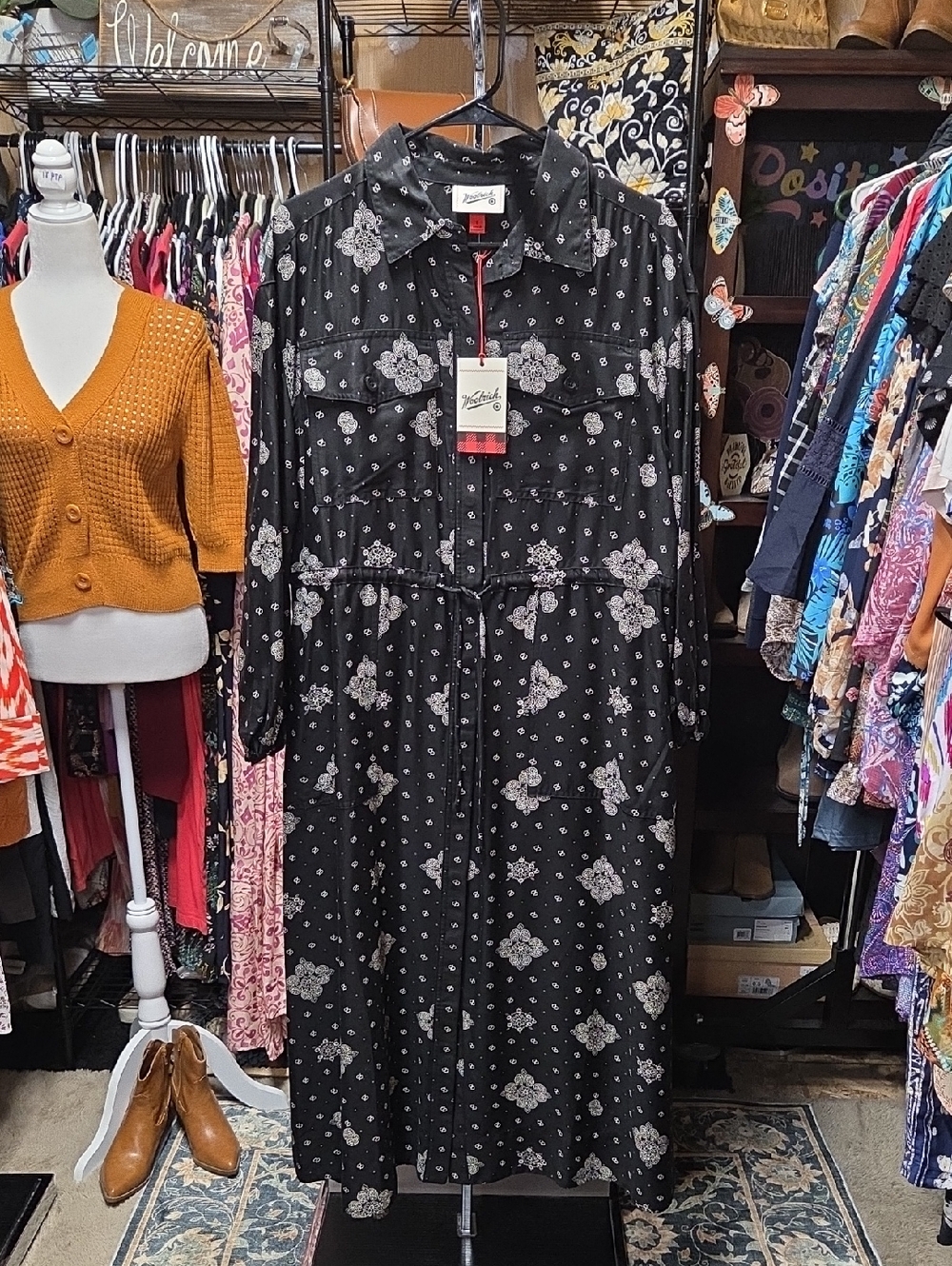 Woolrich Black Floral Print Maxi Shirt Dress